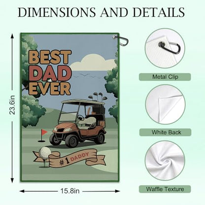 DYJYBMY Best Dad Ever Golf Towel with Clip, Funny Father's Day Printed Golf Towel, Retro Golfing Accessory for Men, Father's Day Golfing Gifts, Birthday Retirement Gifts for Grandpa Uncle Husband Dad - color: Multi01
