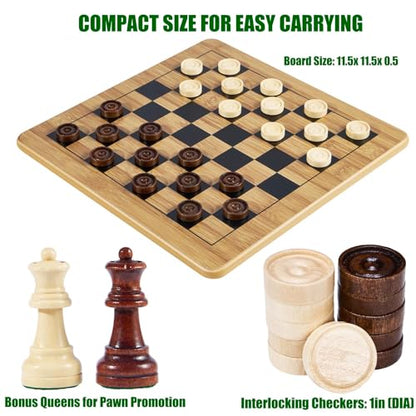 VAMSLOVE Wooden Chess Checkers Tic-Tac-Toe Game Set 11.5" x 11.5" Double-Sided 3 in 1 Board with 34 Chess Pieces - 2 Extra Queens - 24 Interlocking Checkers - Storage Bag - Instructions