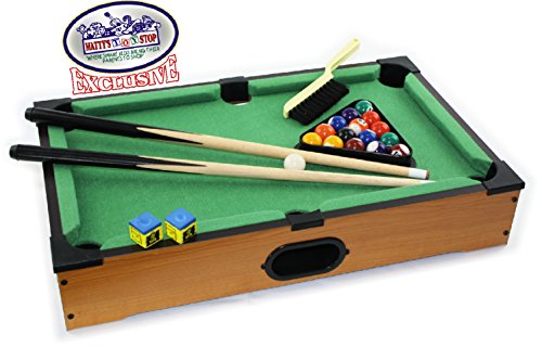 Matty's Toy Stop Deluxe 20" Wooden Table Top Pool (Billiards) Table with 15 Colored Balls, 1 Cue Ball, 1 Brush, 2 Pool Sticks, 2 Cubes of Chalk & Racking Triangle