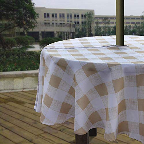 Melaluxe Spring/Summer Wrinkle-Free Waterproof Outdoor Tablecloth with Umbrella Hole and Zipper, Beige Checkered, 60" Round-Zippered - color: Beige Checkered, size: 60" (Round)