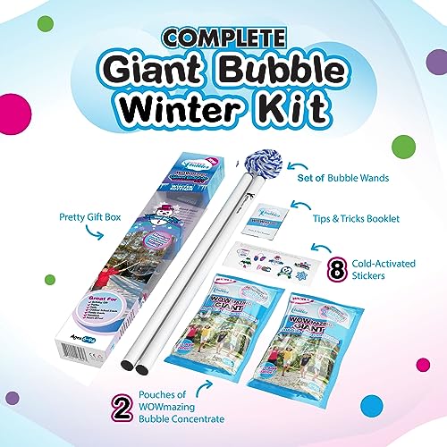 WOWMAZING Giant Bubble Kit Winter – Bubble Wand, 2 Big Bubbles Mix Pouches, 8 Cold-Activated Stickers for Outdoor Winter Fun |Bubbles Made in USA - style: Kit-Winter