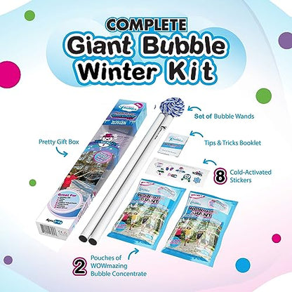 WOWMAZING Giant Bubble Kit Winter – Bubble Wand, 2 Big Bubbles Mix Pouches, 8 Cold-Activated Stickers for Outdoor Winter Fun |Bubbles Made in USA - style: Kit-Winter