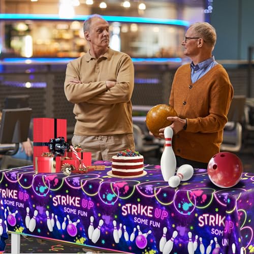 Bowling Birthday Supplies Tablecloth 3Pcs Let's Strike Up Some Fun Bowling Party Decorations Rainbow Neon Glow Girls Birthday Party Favors Disposable Plastic Table Cover
