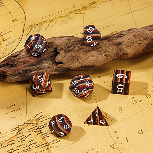 DND Dice Set 7PCS Wood Polyhedral Dice Set D&D with Metal Box for RPG Role Playing Tabletop Games (Yellow Striped) - color: Yellow Striped