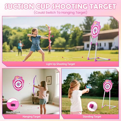 VATOS 2 Pack Bow and Arrow Toy with LED Light - 4 in 1 Archery & Dart Game Set with 20 Suction Cup Arrows, Mermaid Glow Target & Dart Board - Indoor/Outdoor Birthday Gift for Kids Boys Girls Ages 5-12 - color: Pink