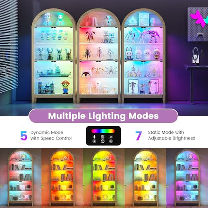 Gurexl 5-Tier Arched Glass Display Cabinet, Motion Sensor RGB LED Showcase with Music Sync Light & Adjustable Shelves, Tempered Glass Curio Cabinet for Action Figures Trophies Collectibles, Wood - color: Wood-80008a