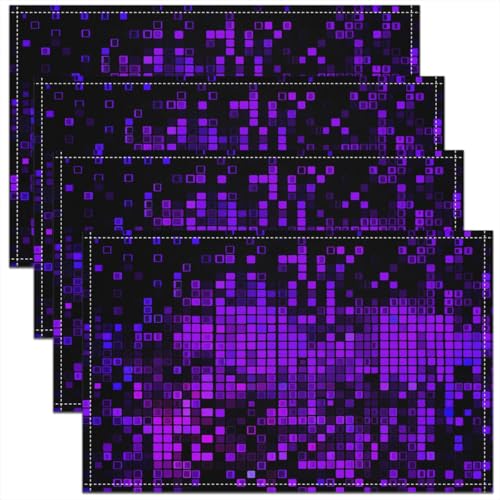 Erosebridal Purple Black Pixelated Placemats - Checkered Geometric Abstract Art Place Mat Set of 4, Gaming Gamer Table Mats 12x18 Inch for Kids Boys Girls, Plaid Neon Table Decor for Party Kitchen - color: Purple and Black