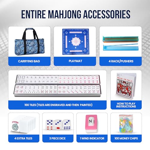 American Mahjong Tile Set with Mat - Premium Quality Melamine Mahjong Set with 166 Scratch-Resistant Tiles, Complete Accessories, and Portable Blue Carrying Case for Timeless Fun