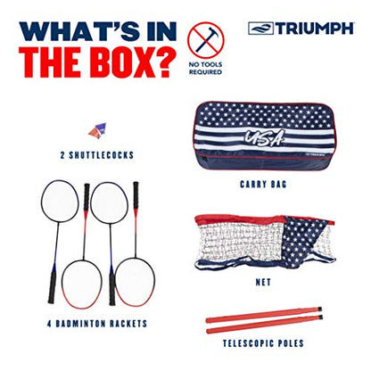 Triumph Patriotic Portable Badminton Set with Freestanding Net, 4 Rackets, 2 Shuttlecocks, and Carry Case – All-in-One Outdoor Game for Backyard, Beach, Camping, and Family Fun