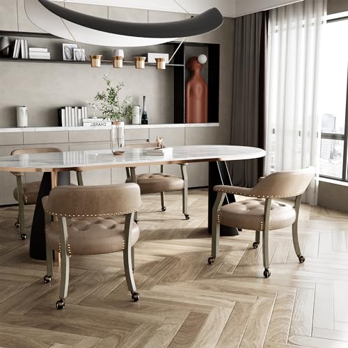 Set of 4 Dining Chair with Casters, Accent Captains Chairs with Wheels & Arms,Wheeled Roller Wood Chairs for Kitchen & Game Poker Table,Antique Grey&Light Wheat(NO Table!) - color: Antique Grey&light Wheat