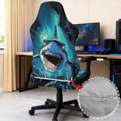 Fierce Shark Universal Gaming Chair Cover with Armrest Covers Cat Proof Stretchable Office Computer Chair Cover Slipcovers Breathable Non Slip Reclining Armchair Slipcover for Gamer Room - color: Fierce Shark