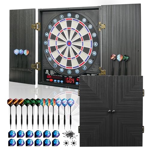 Electronic Dart Board, Soft Tip Dartboard Cabinet Set for Adults, LCD Scoring Dartboard with 34 Games & 355 Variants, Up to 8 Players,12 Darts+100 Tips, Wall Mount for Man Cave Bar Game Room - color: Black 02