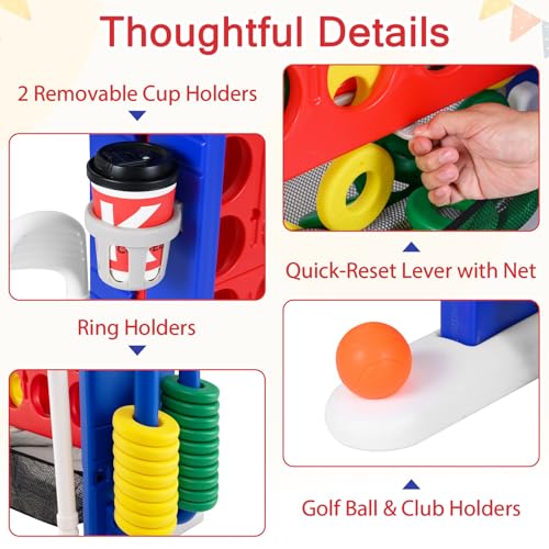 OLAKIDS Giant Connect Game Outdoor, 4 in A Row with Adjustable Height, Mesh Net, Carry Bag, Golf, Basketball Hoop, Ring Toss, Cup Holder for Kids Adults Indoor Backyard (Red) - color: Red