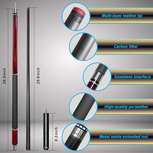 HomeSeason 58inch Carbon Fiber Pool Cue Stick with Screw-in Extension and Leather Case, 18oz Low Deflection Professional Cue Stick for Billiards, 13mm Tip - color: 18oz/Wine Red