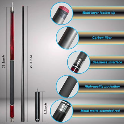HomeSeason 58inch Carbon Fiber Pool Cue Stick with Screw-in Extension and Leather Case, 18oz Low Deflection Professional Cue Stick for Billiards, 13mm Tip - color: 18oz/Wine Red