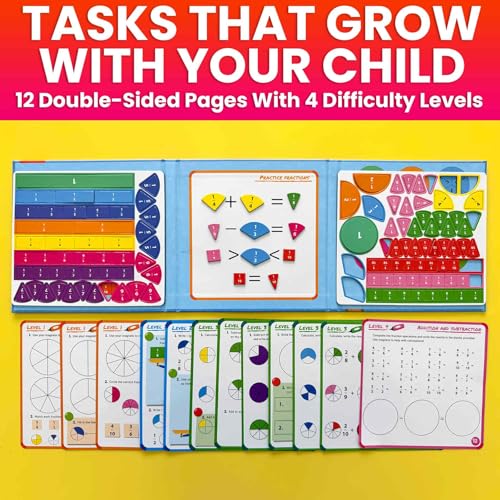 QUOKKA Magnetic Puzzles for Kids Ages 4-6 – Magnetic Fractions Learning Set for Kids 6-12 – Math Games for Homeschooling, Classrooms & Travel – 110 Magnets, 12 Task Pages, Marker – Toddler Travel Toys - style: 10. Math Game