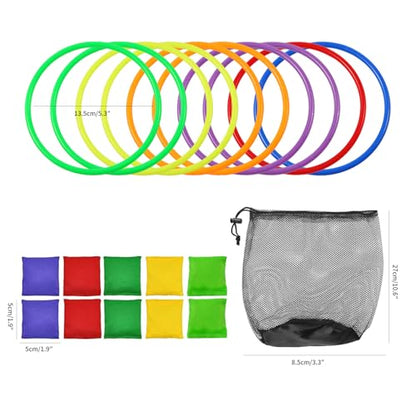 26 Pcs Colorful Ring Toss & Bean Bag Combo Set – Outdoor Carnival Games with 10 Rings, 6 Cones (7.1″), 10 Bean Bags – Backyard Throwing Games for Kids Adults Birthday Party, Field Day, School Festival