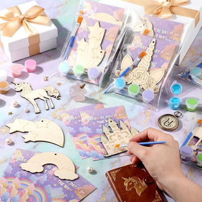Saypacck 24 Pcs Rainbow Unicorn Party Favors Wooden Painting Craft Kits Birthday Party Supplies with Organza Bag for Goodie Bags Fillers Adult Thank You Gifts - style: Rainbow Unicorn