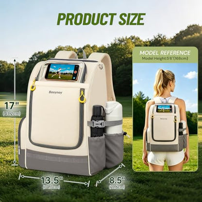 Bosynoy Disc Golf Bag with Clear Phone Holder, 20+ Discs Disc Golf Backpack with Insulated Pocket, Cute Beige Sports Backpack for Women Men Beginners