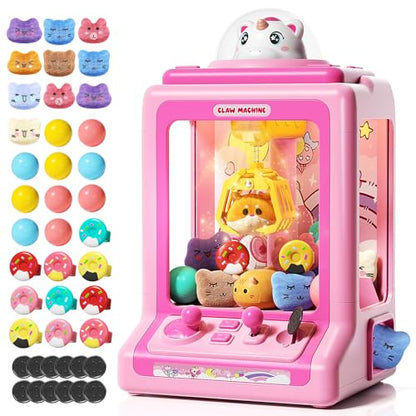 Claw Machine for Kids, Mini Vending Machine with Game Coins & Music, Prize Dispenser Toys for Girls and Boys, Electronic Claw Game Machine for Party Birthdays, Includes 30 Mini Toys - style: Pink Unicarns