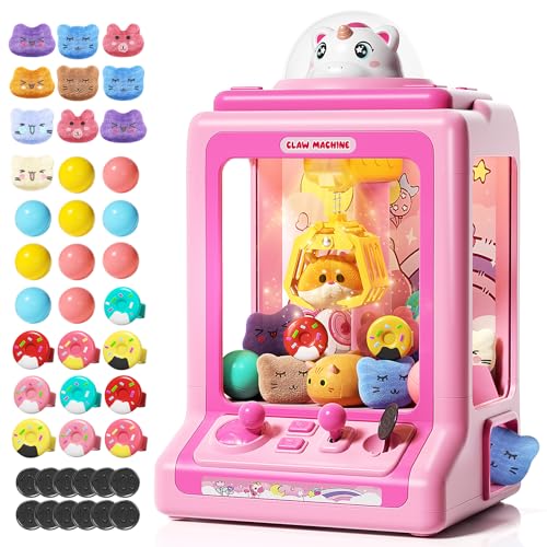 Claw Machine for Kids, Mini Vending Machine with Game Coins & Music, Prize Dispenser Toys for Girls and Boys, Electronic Claw Game Machine for Party Birthdays, Includes 30 Mini Toys - style: Pink Unicarns