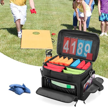 GOBUROS Cornhole Bag Holds Up to 14 Bean Bags, Professional Cornhole Carrying Bag with Detachable Divider, Molle Straps and Multiple Pockets for Essentials, Black