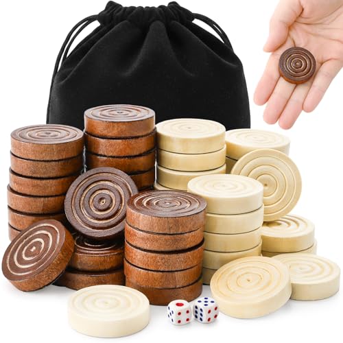 Yarlung 48 Pieces Wooden Checkers Only with 2 Dices, 1.25 Inch Wood Backgammon Checkers Game with Drawstring Bag for Replacement or Spare Pieces