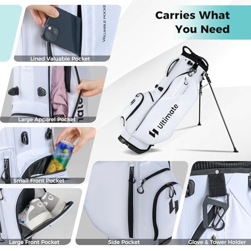ULTIMATE Golf Stand Bag, 8-Way Golf Bag with 5 Pockets, Rain Hood, Detachable Dual Shoulder Strap, Lumbar Pad, Handles, Portable Golf Club Bag for Men & Women - color: White