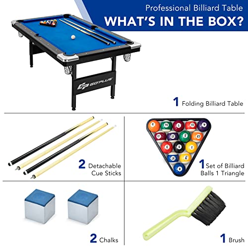 Goplus 6 FT Folding Pool Table, 76 Inch Portable Billiard Tables for Adults W/Foldable & Locking Legs, Adjustable Feet, Full Accessory Kit of 2 Cues, 16 Billiard Balls, Triangle, Brush, Chalk