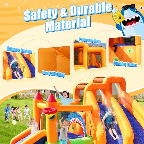 Inflatable Bounce House, Triple Water Slide for Kids with Double Cannon, Climbing Wall, Jumping, Splash Pool, Basketball Hoop for Outdoor Backyard Party, 10 in 1 Giant Castle Included 550W Air Blower