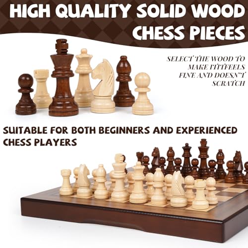 2 in 1 Magnetic Wooden Chess and Checkers Board Game Set, 12" Folding Chess Boards, Portable Travel Chess Sets with Pieces Storage Slots, Beginner Chess Game Set for Kids and Adults