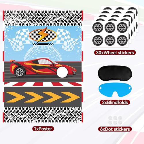 Hooqict Pin The Wheel on The Car Birthday Party Games for Kids Race Car Theme Party Supplies for Boys Monster Truck Party Decorations, Large Pin The Games Poster with 30 Wheel Stickers - style: Car