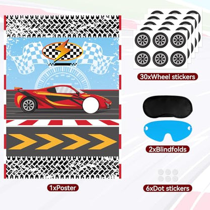 Hooqict Pin The Wheel on The Car Birthday Party Games for Kids Race Car Theme Party Supplies for Boys Monster Truck Party Decorations, Large Pin The Games Poster with 30 Wheel Stickers - style: Car
