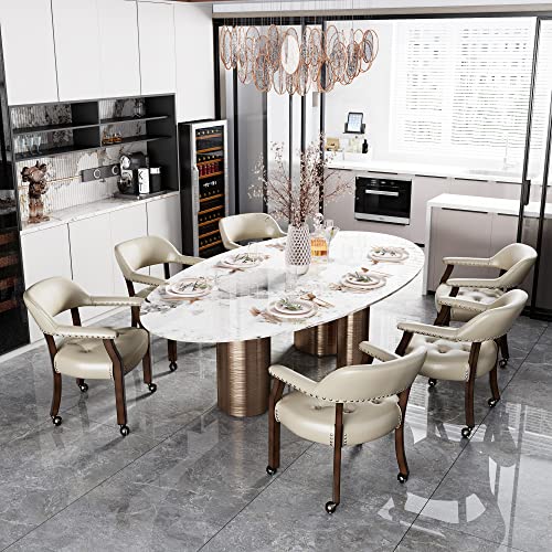 Set of 4 Dining Leather Chairs with Casters & Arms, Accent Captain Chair with Wheels, Roller Wood Wheeled Chairs for Kitchen & Game Poker Table,Espresso&Beige 1910BG(NO Table!) - color: Espresso&beige