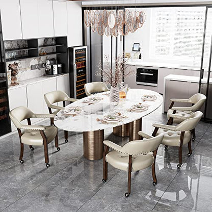 Set of 4 Dining Leather Chairs with Casters & Arms, Accent Captain Chair with Wheels, Roller Wood Wheeled Chairs for Kitchen & Game Poker Table,Espresso&Beige 1910BG(NO Table!) - color: Espresso&beige