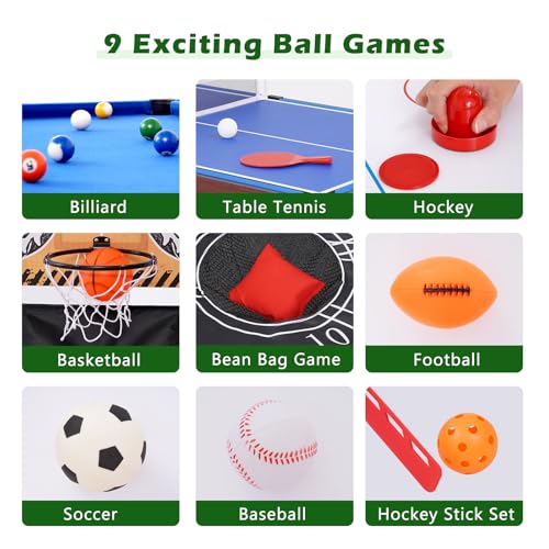RAYKEEP 9-in-1 Multi Game Table, Combo Game Table Set w/Basketball, Billiards, Hockey, Ping Pong, Foosball and Bean Bag, Game Room for Teens, Adults Home, Family,