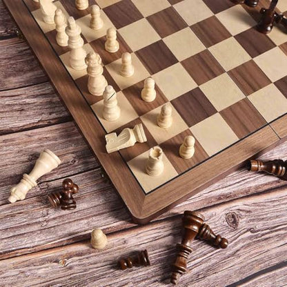ELONGDI 15" Wooden Chess Set with Magnetic Pieces - Extra Queens - Folding Chessboard Portable Travel Tournament Chess Board Games for Adults Kids - size: 15 Inches