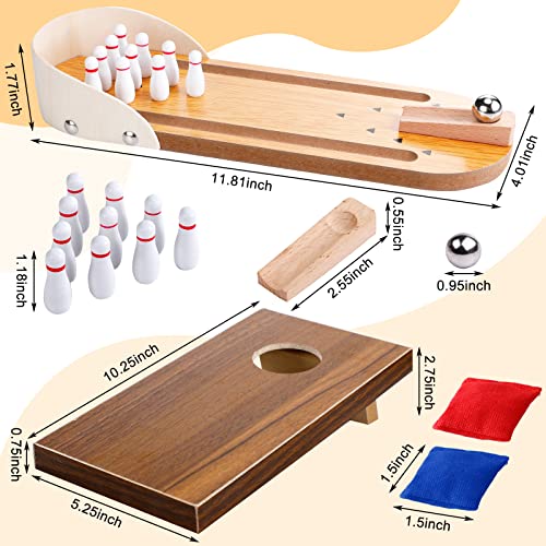 Jexine 3 Pcs Table Game Set Include 1 Tabletop Mini Bowling Game 2 Cornhole Set Desktop Table Game Wooden Bowling Game Portable Mini Desktop Cornhole Fun Desk Gifts for Adults