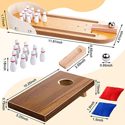 Jexine 3 Pcs Table Game Set Include 1 Tabletop Mini Bowling Game 2 Cornhole Set Desktop Table Game Wooden Bowling Game Portable Mini Desktop Cornhole Fun Desk Gifts for Adults