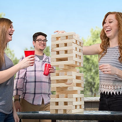 HEY! PLAY! Tower Stacking Board Games with 54 Giant Wooden Blocks - Nontraditional Yard Games for Kids and Adults with Carry Case - Ages 6 and Older