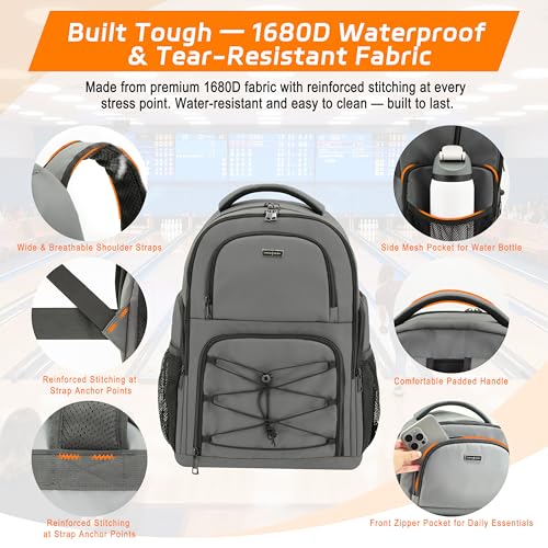 Bowling Ball Backpack with Shoe Compartment, Single Ball Bag for Men & Women, Protective Ball Holder & Ventilated Shoe Storage, Multi-Pocket Bowling Gear Bag for League & Casual Bowlers - color: Charcoal Grey
