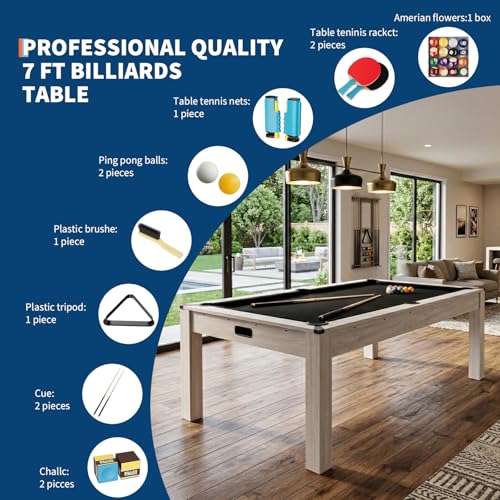 Garvee 7FT 3 in 1 Pool Table with Dining & Table Tennis Top, Multi-Game Table with Accessories (Balls, Cues, Ping Pong),Convertible Billiards and Table Tennis,HDF Wood Grain Finish & Chrome Accents - color: Black