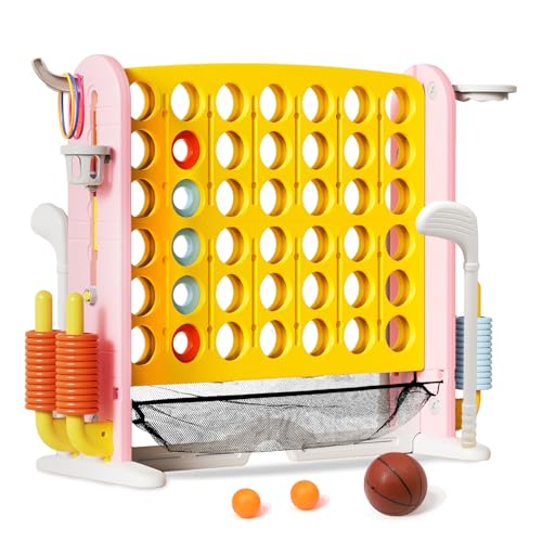 Ancaixin Giant 4 in-A-Row Connect Game Set, Adjustable Height Jumbo Yard Game with Basketball Hoop, Golf, Mesh Pocket & Ring Toss, Indoor Outdoor Family Backyard Party Game for Kids and Adults, Yellow - color: Yellow