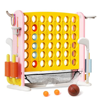 Ancaixin Giant 4 in-A-Row Connect Game Set, Adjustable Height Jumbo Yard Game with Basketball Hoop, Golf, Mesh Pocket & Ring Toss, Indoor Outdoor Family Backyard Party Game for Kids and Adults, Yellow - color: Yellow