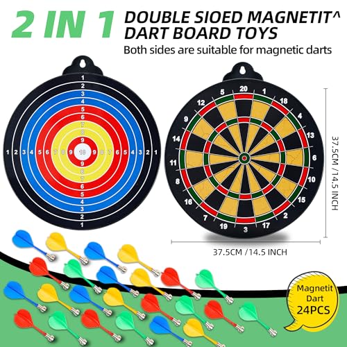 HELLO PAPAYA Magnetic Dart Board - 12Magnetic Darts+12Sticky Balls Or 2 Toy Gun+40 Foam Dart,Fun for Family Game and Party with Friends, Christmas Birthday Gifts Toys for 3-12 Year Old Boys - style: 14in-2Sides Magnetic Dart Board+24 Magnetic Darts