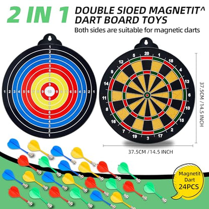 HELLO PAPAYA Magnetic Dart Board - 12Magnetic Darts+12Sticky Balls Or 2 Toy Gun+40 Foam Dart,Fun for Family Game and Party with Friends, Christmas Birthday Gifts Toys for 3-12 Year Old Boys - style: 14in-2Sides Magnetic Dart Board+24 Magnetic Darts