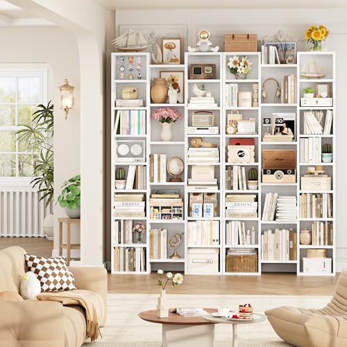FOTOSOK 71'' White Bookshelf with 21 Cubes, 8 Tier Triple Wide Tall Bookshelf with 8 Adjustable Shelves, 35" Large Bookcase DVD/CD Media Tower Storage, Freestanding Display Shelf Cabinet, White - color: White