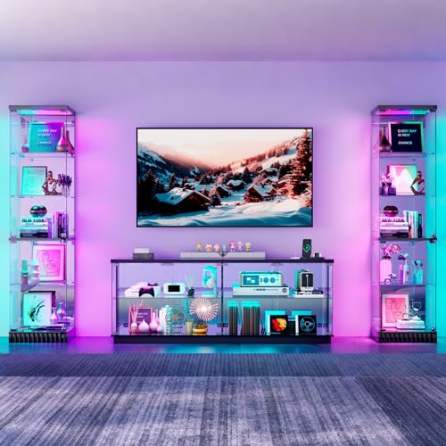 Lvifur 3-Piece Glass Display Cabinet Set - 2 Tall 67''H Corner Curio Cabinets + 1 Large 59''W TV Stand Display Case with Locks, RGB Motion Sensor Light, Charging Hub, Living Room, Black - color: Black-3 Piece