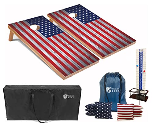 Tailgating Pros 4x2 Regulation Cornhole Boards Flag Set- Includes 8 Bean Bags, Carrying Cases, and Score Keeper - Optional LED Lights - color: US Flag, size: 4'x2' Boards