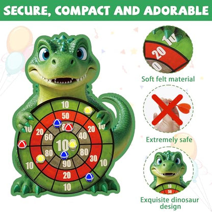 Cartoon Dinosaur Themed Toss Game Banner with 12 Sticky Balls, 30” Large Dino Dart Board for Indoor Outdoor Games Birthday Party Supplies